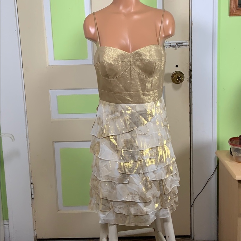Aidan Mattox Gold and Ivory Tiered Mini Dress